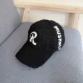 Stylish black lamb wool baseball cap for women, cozy plush winter hat with letter embroidery. - L (58-60cm) / Black