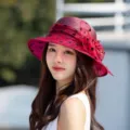 Stylish women's summer sun hat with polka dot mesh and bow, breathable and elegant. - One Size 58cm / Burgundy