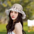 Women summer breathable straw hat with black polka dot mesh bow sun protection fishing hat - One Size 58cm / Khaki