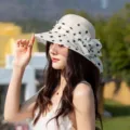 Women's fashionable breathable mesh sun hat with polka dots and bow for summer outdoor use - One Size 58cm / White