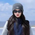 Winter warm knitted beanie hat for women, solid grey color with stylish embroidery design. - Unisex One Size (56-60cm) / Outdoor Mountain Knitted Hat - Grey