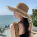 Women straw sun hat with elegant lace bow wide brim summer beach vacation sun protection hat - One Size / Khaki
