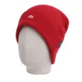 Red knitted beanie hat with embroidered mountain logo and cuffed design for cold winter. - One Size / Mountain Logo / Red