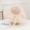Women straw hat mesh lace ribbon sunhat sweet cute beach uv protection sun hat detail view - Pink