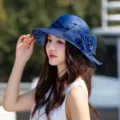 Blue polka dot mesh sun hat for women, summer breathable straw hat with bow and flower decor. - One Size 58cm / Blue