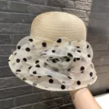 Summer women straw bucket hat with polka dot mesh bow sun protection fashion beach hat sku - One Size 58cm / Beige
