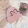 Winter cute bear embroidery knit hat women casual warm pullover cap sweet fashion beanie hat - One Size / Pink