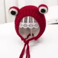 Cute baby frog knitted hat fleece lined winter warm infant cap red cute animal ear beanie - One Size / Red (Fleece Lined)