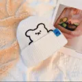 Winter cute bear embroidery knitted beanie hat casual warm pullover hat for women SKU - One Size / White