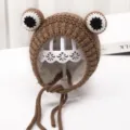 Cute baby frog knit hat with fleece lining, warm winter earflap beanie for toddlers and kids. - One Size / Khaki (Fleece-lined)