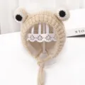 Baby beige crochet knit hat with cute frog eyes and warm fleece lining for winter. - One Size / Beige (Fleece Lined)