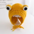 Cute baby frog knitted hat autumn winter warm toddler beanie with big eyes and straps - One Size / Yellow (Single Layer)
