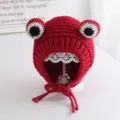 Cute red frog knit beanie for baby, handmade style warm winter infant hat with straps. - One Size / Red (Single Layer)