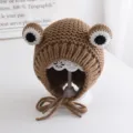 Cute infant brown knitted frog hat with big eyes and warm earflap ties for baby winter. - One Size / Khaki (Single Layer)