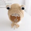 Cute baby winter knit frog hat with braided earflaps warm cozy soft toddler beanie cap - One Size / Beige (Single Layer)