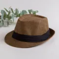 Brown straw fedora hat with black ribbon band, classic summer sun beach panama cap style. - One Size / Coffee