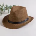 Men's summer straw western cowboy hat wide brim breathable sun protection fedora beach cap - One Size / Coffee