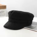 Black cotton linen newsboy cap for women, casual flat top visor hat for spring and summer fashion. - Black