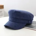 Women's Blue Linen Sailor Hat Spring Summer Casual Flat Top Visor Beret Cap Chic - Navy Blue