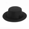 Black flat top wool fedora hat with ribbon band, vintage autumn winter fashion style. - One Size / Ribbon Style / Black