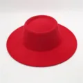 Red wool flat top fedora hat for women, vintage wide brim solid color jazz hat winter warm - One Size / Red