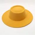Vintage yellow wide brim wool felt flat top jazz hat, solid color stylish winter cap - One Size / Yellow