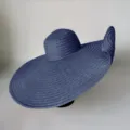 Oversized blue straw hat for women, wide brim beach sun hat, foldable summer vacation hat. - One Size / Navy Blue
