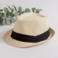 Straw fedora hat for men women summer beach sun protection beige with black ribbon band - One Size / Beige