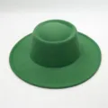 Green wool felt wide brim hat vintage flat top jazz cap elegant winter warm bowler hat - One Size / Grass Green