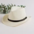 Summer mens straw western cowboy hat wide brim sun protection outdoor fashion fedora hat - One Size / Cream