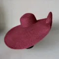 Burgundy extra large brim straw hat, foldable sun protection beach hat, stylish accessory. - One Size / Burgundy