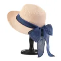 Women summer straw sun hat with blue bow rolled brim beach vacation sunprotection cool hat sku - Pink - Blue Ribbon
