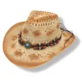 Chapeau de cowboy en paille style bohème avec perles, chapeau de plage tressé ajouré - Taille unique / Beige