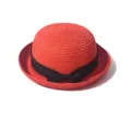 Red straw bowler hat with black ribbon bow, stylish sun protection beach hat for summer. - Adult / Red