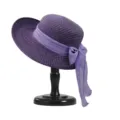 Purple straw sun hat for women with elegant ribbon bow, wide brim summer beach hat for holiday. - Purple