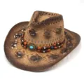 Chapeau de cowboy en paille ajourée avec perles, chapeau de soleil ethnique pour vacances. - Taille unique / Café