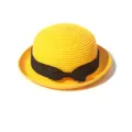 Yellow straw boater hat with black bow, stylish sun protection beach hat for summer outdoor wear. - Adult / Yellow