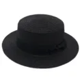 Black flat top straw hat with black bow, elegant vintage summer sun protection beach hat. - Adult (56-58cm) / Black