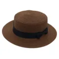 Brown straw boater hat with black ribbon bow, vintage flat top sun hat for summer beach. - Coffee