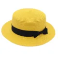 Yellow straw boater hat with black bow, stylish flat top summer sun hat for women and girls. - Yellow