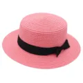Pink straw boater hat with black ribbon bow, vintage flat top sun hat for women and girls. - Leather Pink