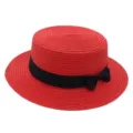 Red straw hat boater hat with black ribbon, stylish sun hat for beach summer vacation. - Red