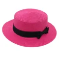 Pink straw boater hat with black ribbon bow, elegant sun hat for summer beach vacation. - Rose Red