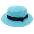 Light blue straw hat with a black bow ribbon, perfect for summer beach sun protection. - Lake Blue