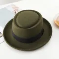 Vintage military green wool felt porkpie hat with black ribbon stylish jazz bowler hat for men women - One Size / Army Green
