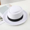 White felt jazz hat with black ribbon band, classic British style pork pie hat for men and women. - One Size / White