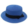 Blue flat top straw hat with black bow ribbon, vintage boater sun hat for beach and summer. - Sapphire Blue