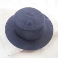 Navy blue straw flat top hat for summer sun protection, casual short brim beach hat. - Navy Blue