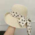 Beige straw hat with black polka dot bow ribbon, summer sun beach hat for women sku. - One Size / Beige