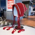 Handmade crochet knit beanie hat with long tassels, red and beige winter earflap cap. - One Size / Red